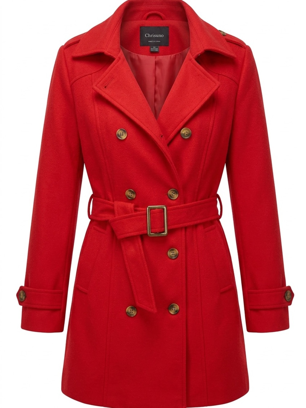 Red Double-Breasted Wool Trench Coat with Belt